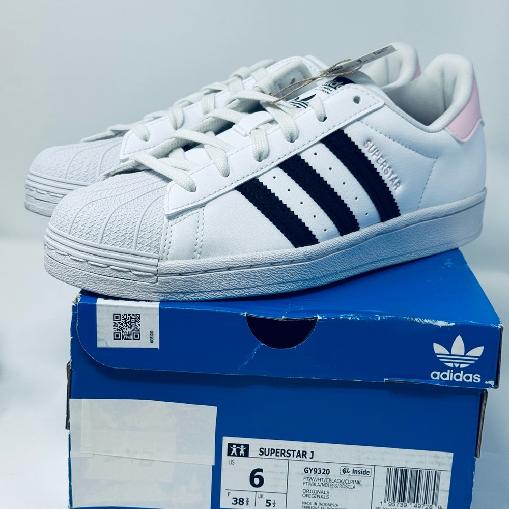 NEW Adidas Superstar J Original White Black Pink Women’s Size 6 Box Authentic - Picture 2 of 8